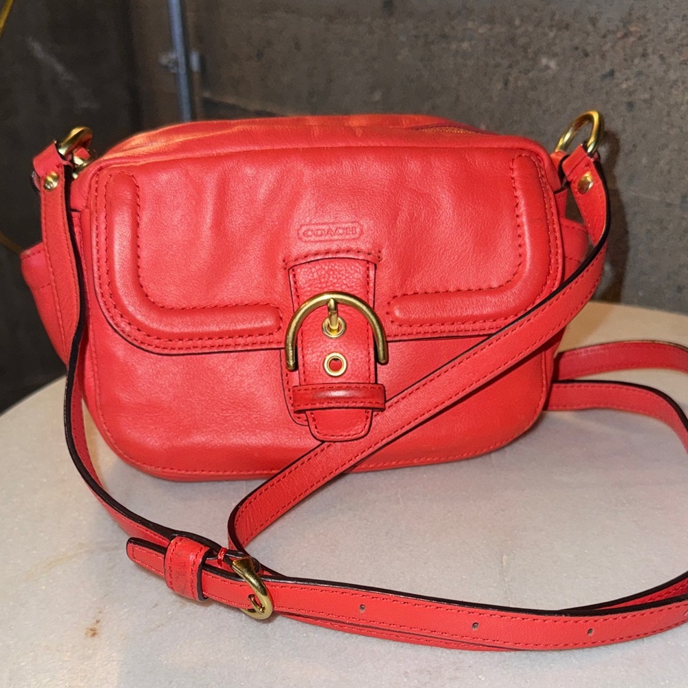Coach Campbell Leather Camera Bag Crossbody in orange/salmon leather.